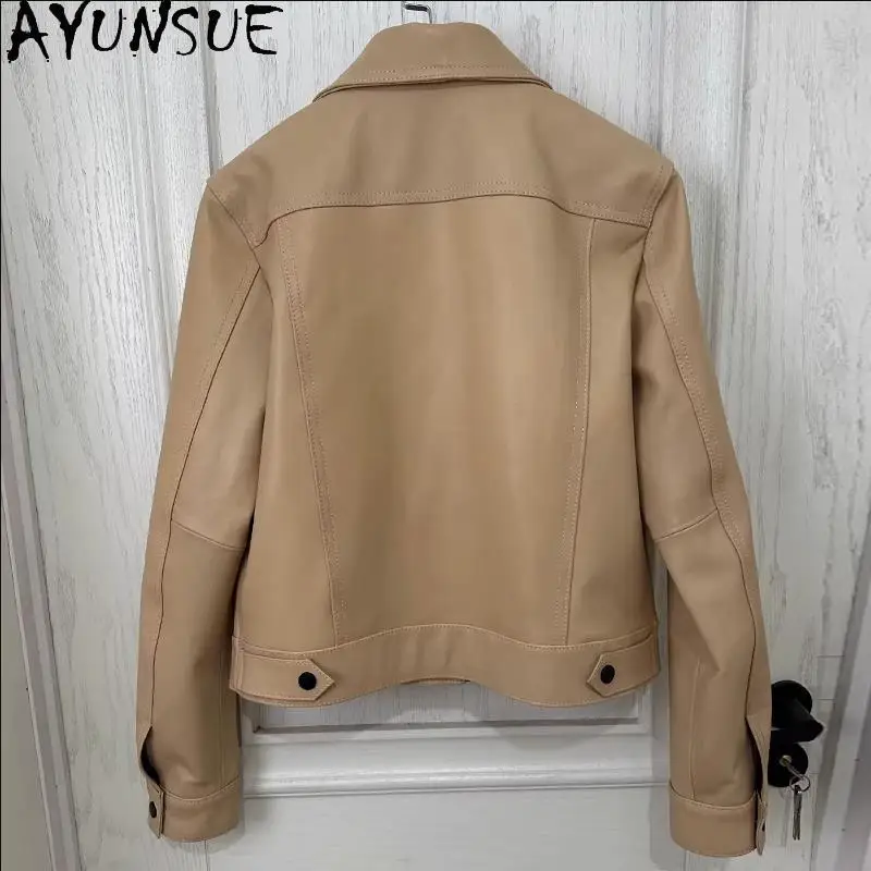 AYUNSUE-jaqueta de couro de carneiro macia para mulheres, casaco de couro real casual, roupa curta OL, qualidade clássica, slim fit, nova