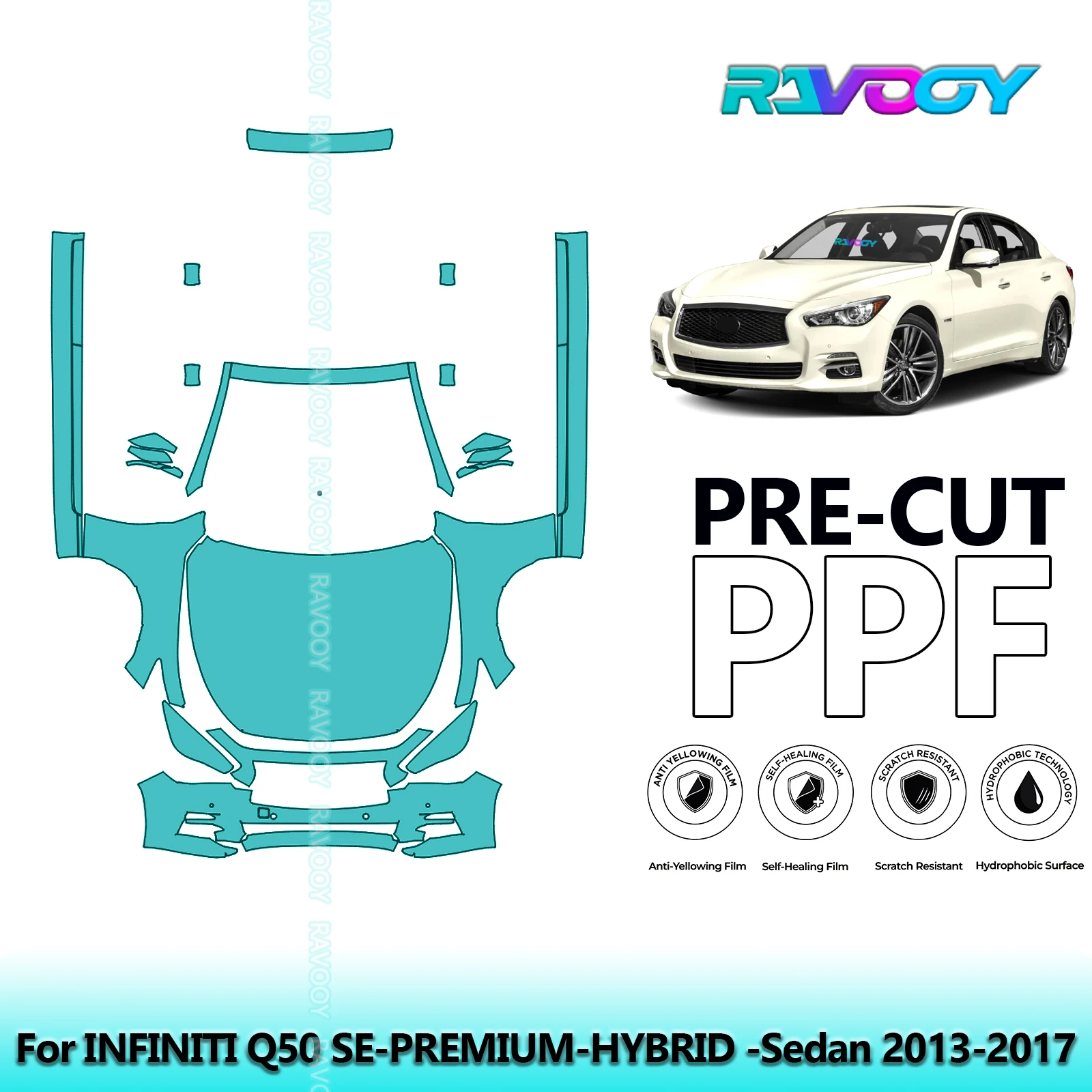 

8.5Mil Precut Paint Protection Film PPF Clear Bra Front Kit+Rockers For INFINITI Q50 SE-PREMIUM-HYBRID -Sedan 2013-2017