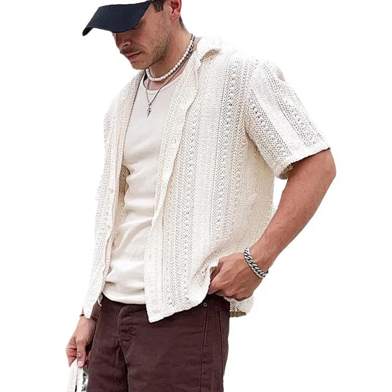 Beach Mens Hollow Out Breathable Shirts Knitted Solid Color Vintage Embroidery Knit Shirt Men Fashion Short Sleeve Button Shirts