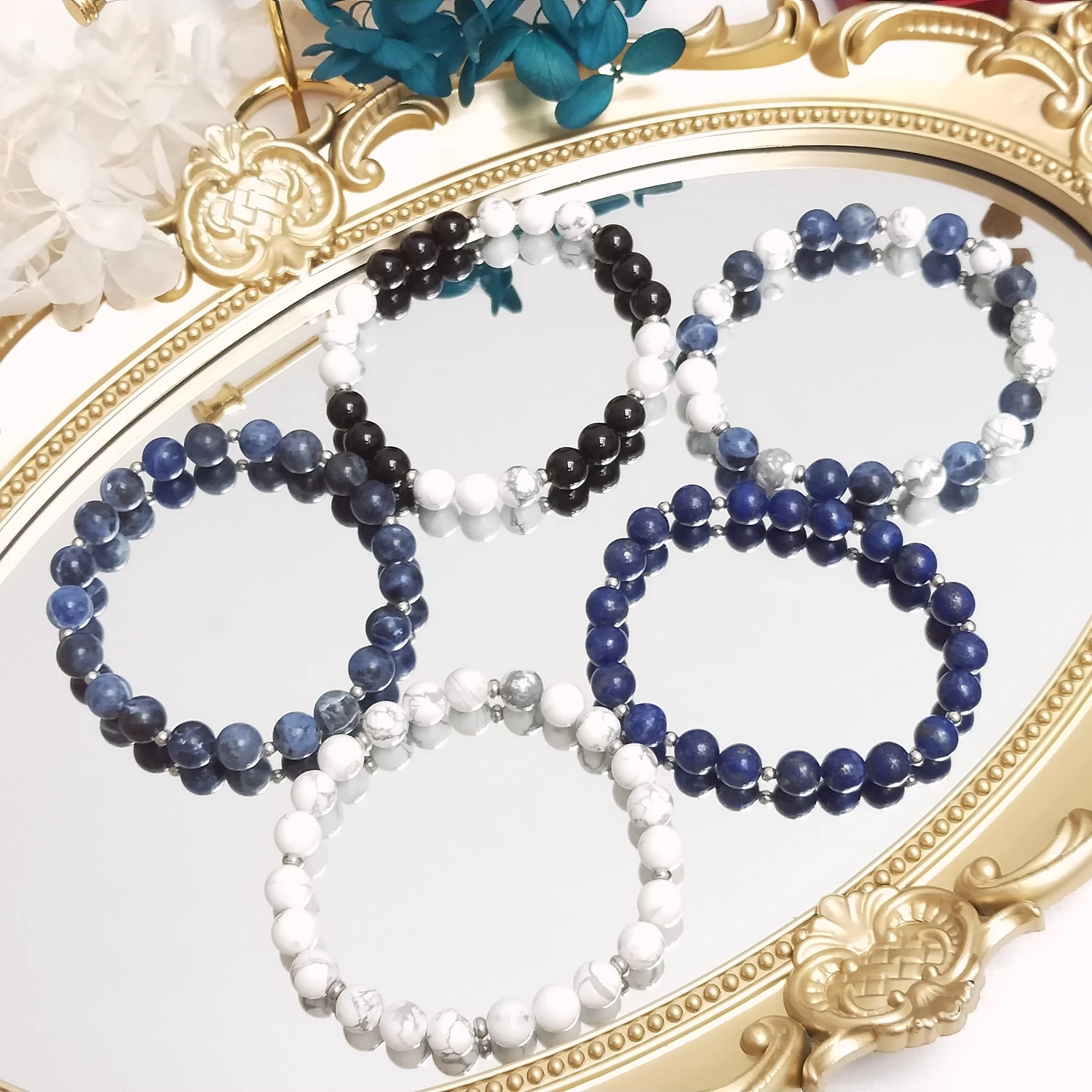 Lii Ji Howlite Black Agate Sodalite Lapis Lazuli Natural Stone 8mm Elastic Bracelet 20cm For Male Jewelry