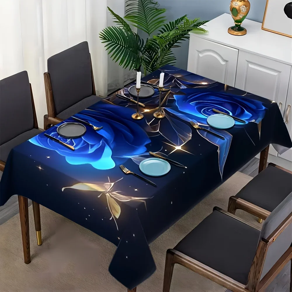 1 piece Elegant Heart-shaped Blue Rose Butterfly 2D Print Fashion Craft Tableclothxzj