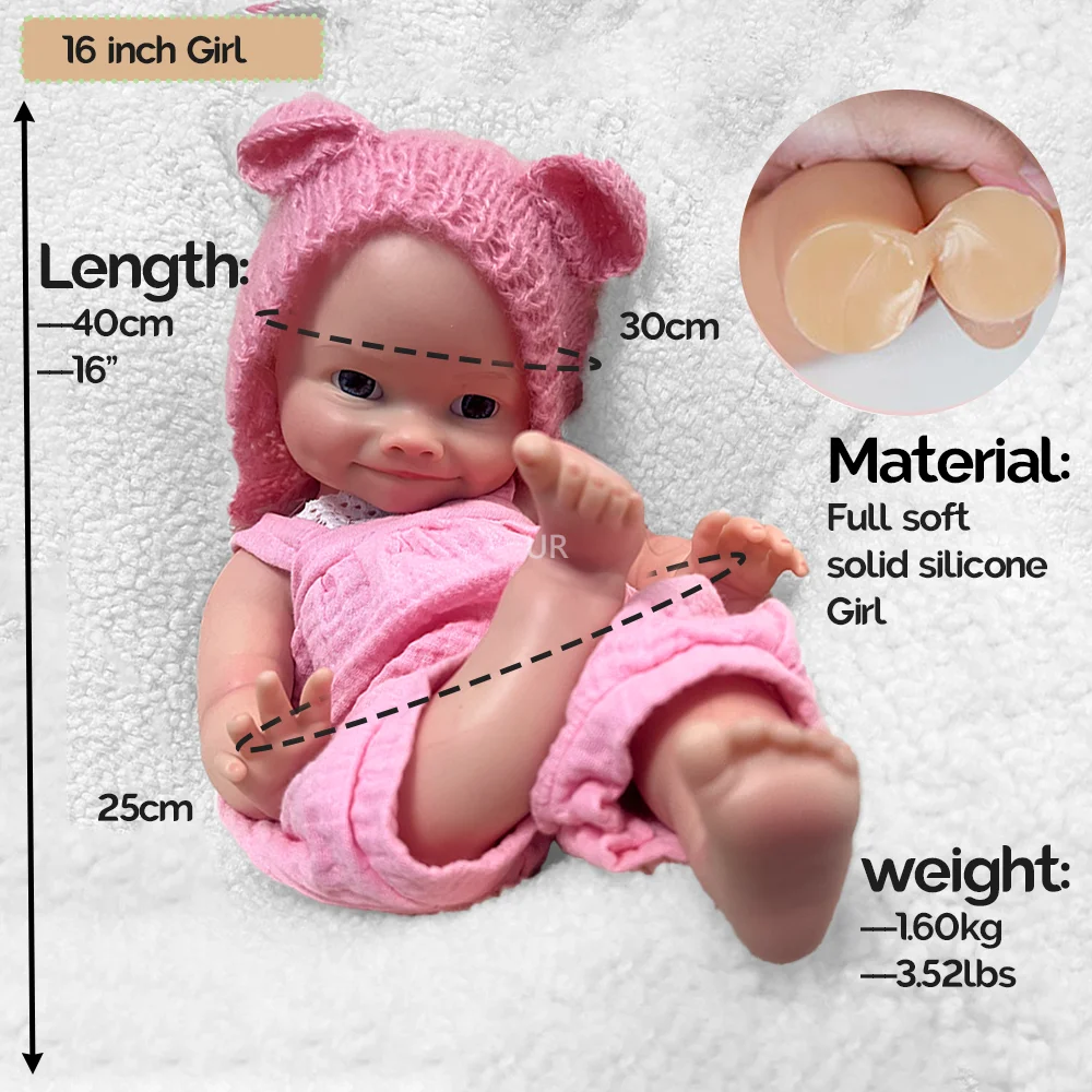 16" Realistic Reborn Doll Full Platinum Silicone Cute Smiling Face Newborn Baby Girl Lifelike Baby Rebirth Toy