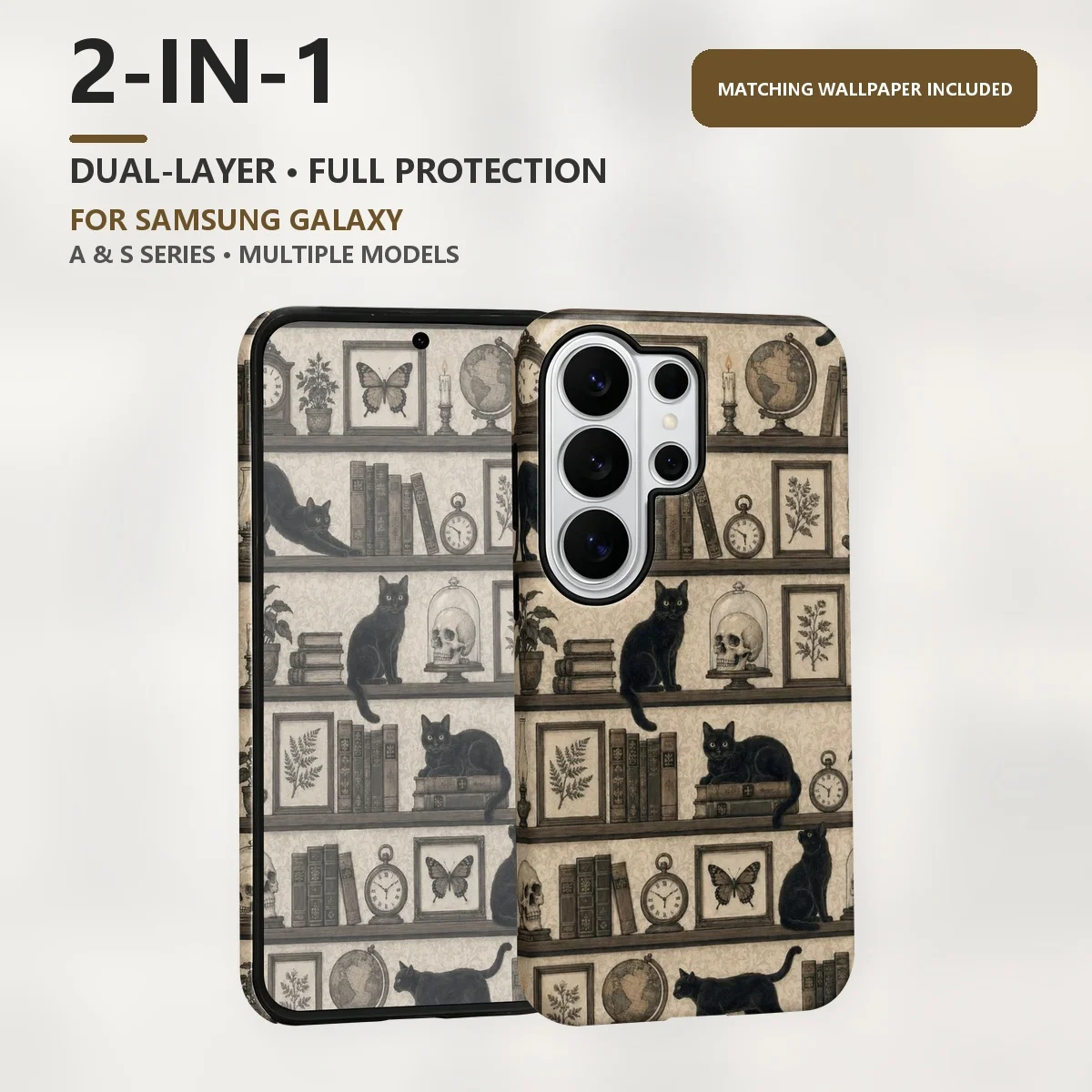 Black Cat Bookshelf 2-in-1 Dual-Layer Phone Case for Samsung Galaxy S26 S25 S24 S23 S22 S21 Plus Ultra FE S20 FE A56 A17 A16 A15