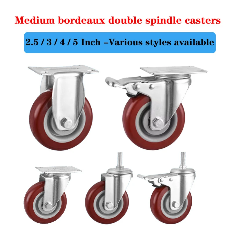 

(4 Packs) 2.5/3/4/5 Inch Heavy Duty Caster Wheels - 330kg Capacity, Jujube Red, Silent Rubber Tires with Flat Plate & Dual Brake