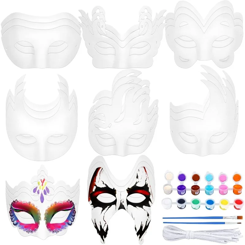 24-Piece White Paper Masks - Half Face Masquerade Masks DIY Hand Painted with Tether Acrylic Paints Brushes - Mardi Gras