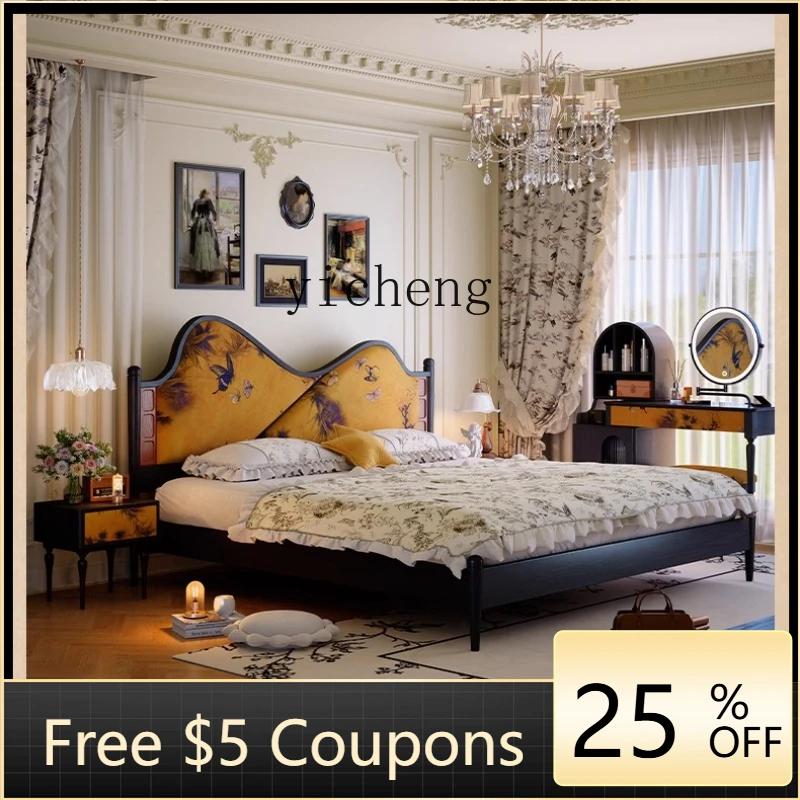 

Кровать TQQ из цельного дерева в стиле ретро, двуспальная кровать в главной спальне, средняя антикварная кожаная мягкая сумка-кровать