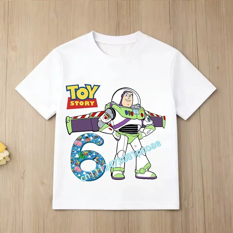 Toy Story Number 2-9 T-shirt Kawaii Birthday Tee Shirts Anime Figure Woody Buzz Lightyear Clothes Kid Girl Boy Short Sleeve Tops