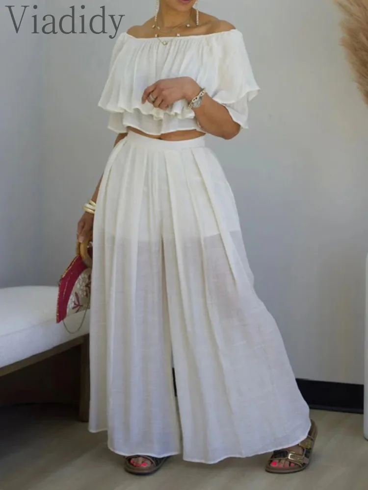 

Women's 2 Pieces Outfit Solid Color Off Shoulder Ruffles Crop Top and High Waist Wide Leg Pants Set