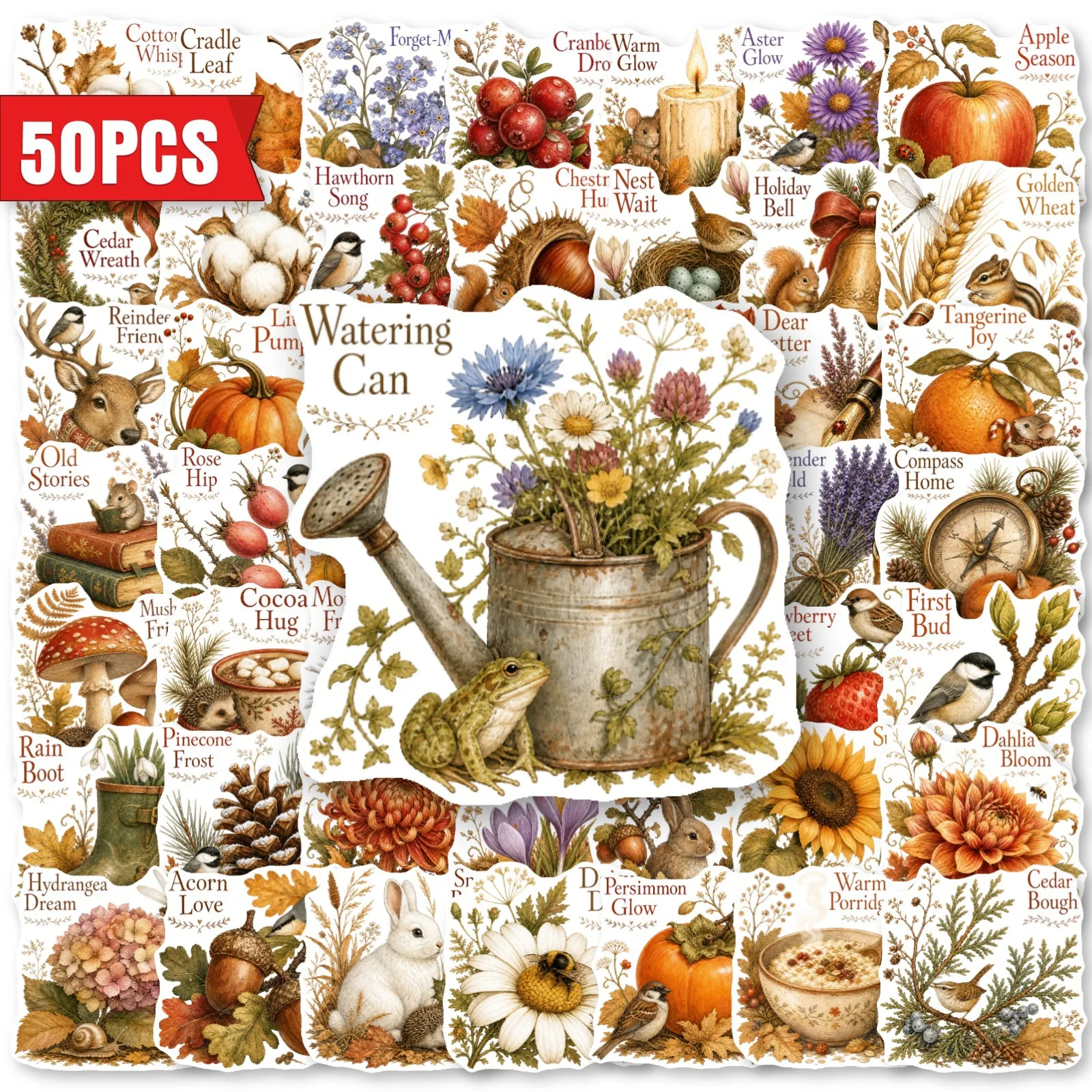 50 PCS Forest Fairy Tale Autumn Nature Plant Artistic Stickers Decorate Scrapbook Luggage Skateboard Non Repeated Decals