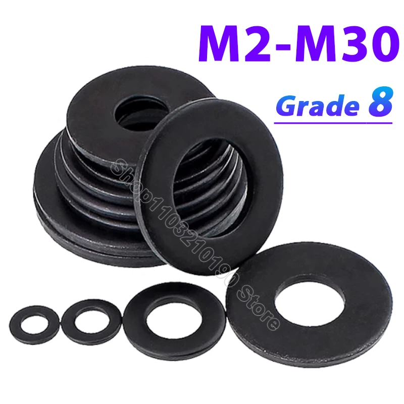 1-50Pcs GB97 DIN125 Black Grade 8 Steel Plain Gasket Flat Washer Thickened Spacer M2 M2.5 M3 M4 M5 M6 M8 M10 M12 M14 M16 M18-M30