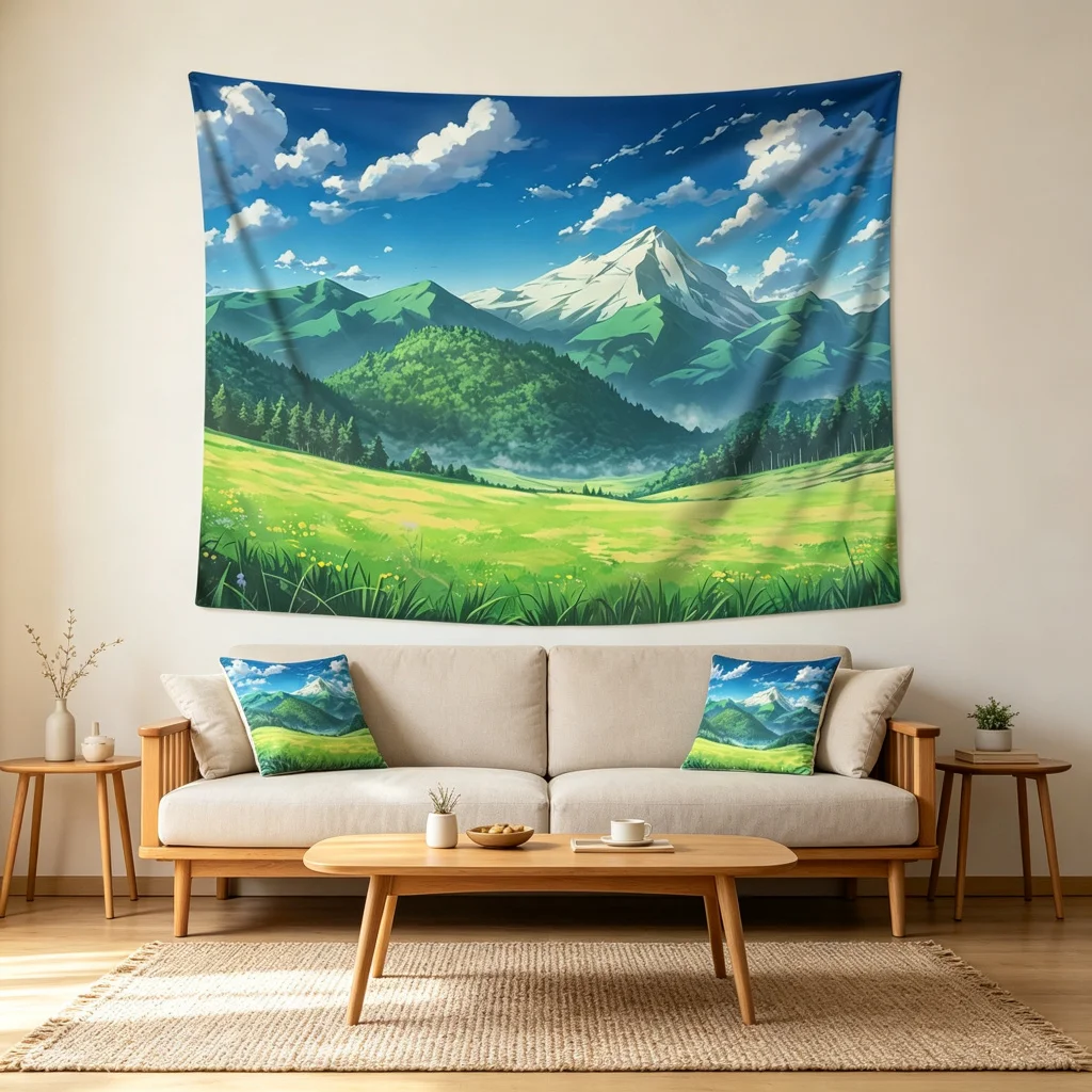 1PC Anime Mountain Meadow View Print Backdrop Banner, Bedroom Living Room Photo Background, Polyester, Home Decor, Wall Art