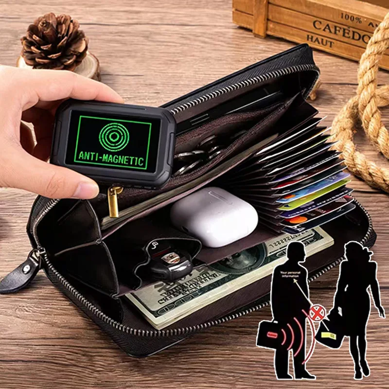 New Men Vintage Genuine Leather Long Wallet Anti-magnetic Blocking Coin Pocket Purse Male Clutch Handbag