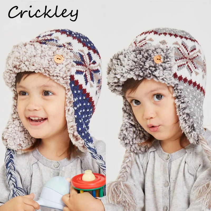 

Winter Children Hats Fair Isle Jacquard Weave Baby Boys Girls Ushanka Hat Knitted Plush Thick Warm Soft Toddler Kids Caps