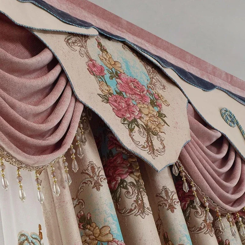 European Luxury Embroidered Pink Curtains For Living Room Bedroom Dining Thick Embossed Jacquard Curtains Customize Tulle