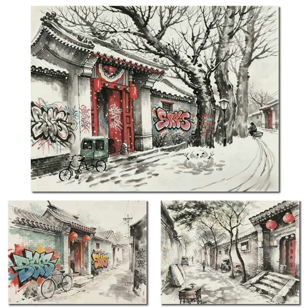 Large Black and White Beijing Hutong Canvas Print Snowy Alley with Graffiti Modern Wall Art for Living Room Apartment Home Decor