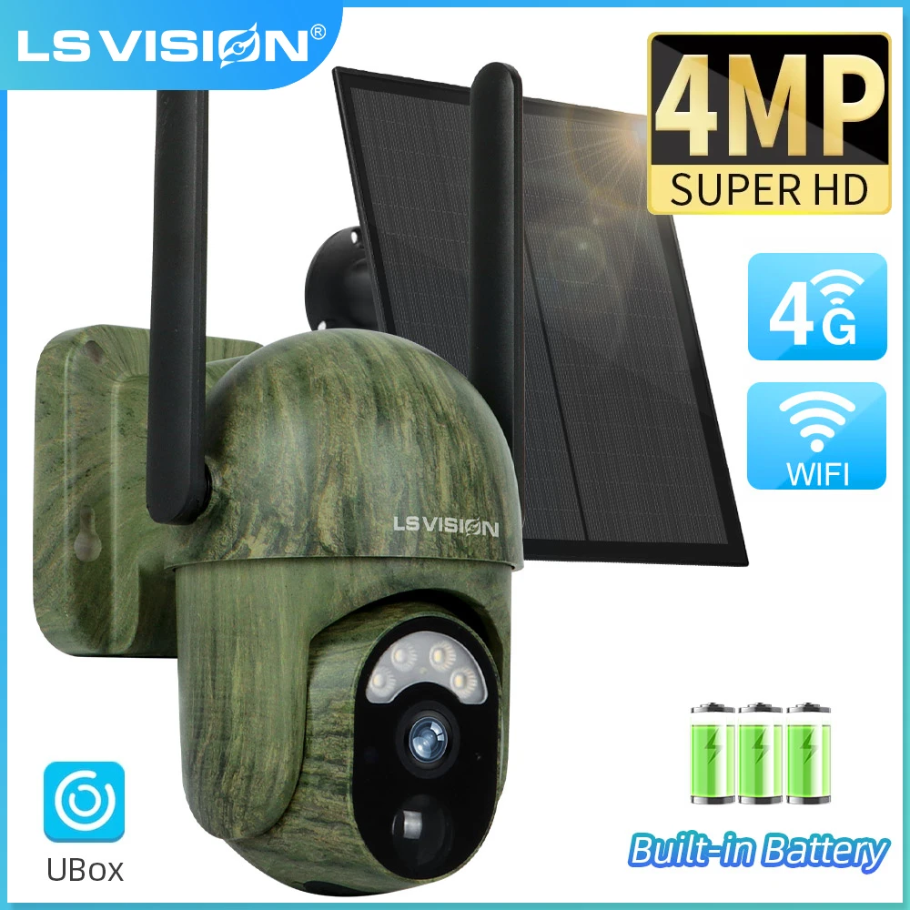 LS VISION 4MP Solar Wireless Security Camera Outdoor Human/Animal Detection 2Way Talk IP66 Waterproof Camouflage Cam For Hunting