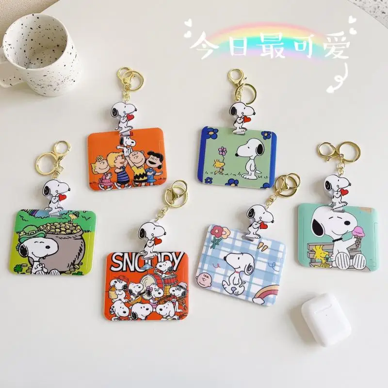 Kawaii Peanuts Snoopy Charlie Brown Card Holders Keychain Pendant Id Card Door Badge Card Case Sliding Telescopic Gift for Girls