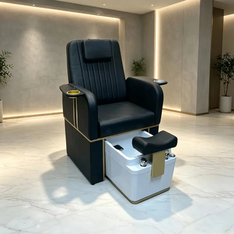Luxury Pedicure Chair With Built-in Foot Spa Tub, PU Leather Salon Foot Massage Chair Dual Cup Holders For Nail Beauty