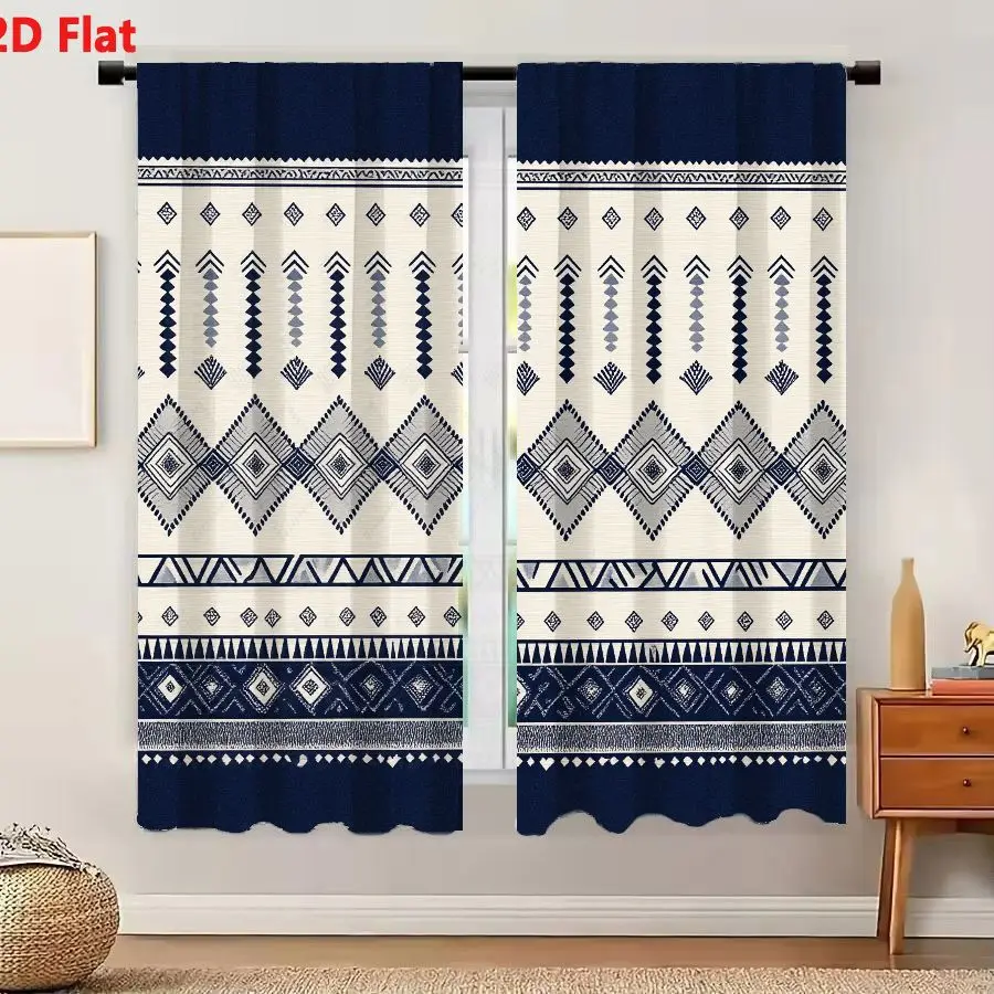 2Pcs Curtains 2D Flat Geometric Tribal Aztec Pattern Navy Blue Grey Black Cream Background Horizontal Stripes Window Drapes for