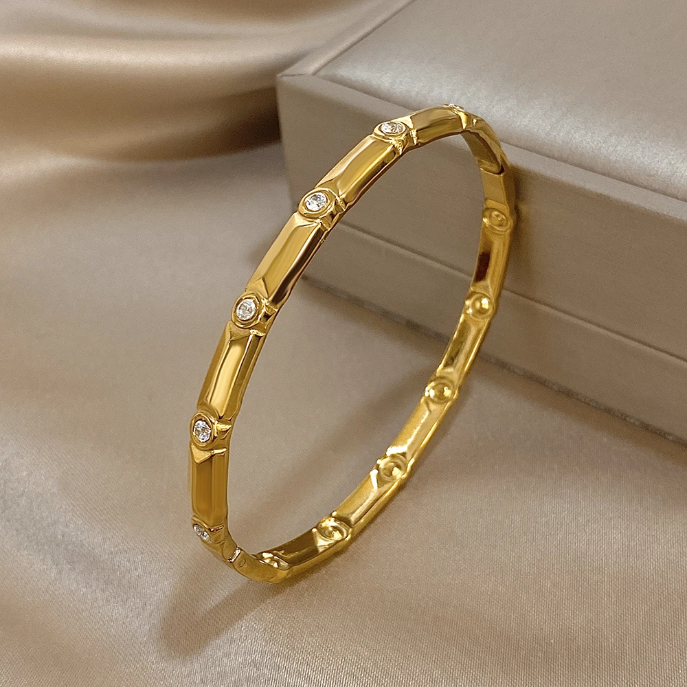 Freetry الفاخرة الزركون الفولاذ المقاوم للصدأ رقيقة الإسورة سوار للنساء هندسية مستديرة الربيع المفتوحة الإسورة مقاوم للماء اليد مجوهرات