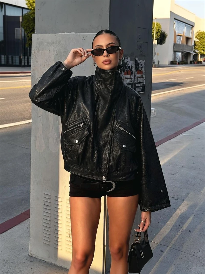 Guobioziy Women's Slim Fit Faux Leather Jacket 2026 Spring-Autumn Edition French Casual Fashion Trendy Biker Punk High Street