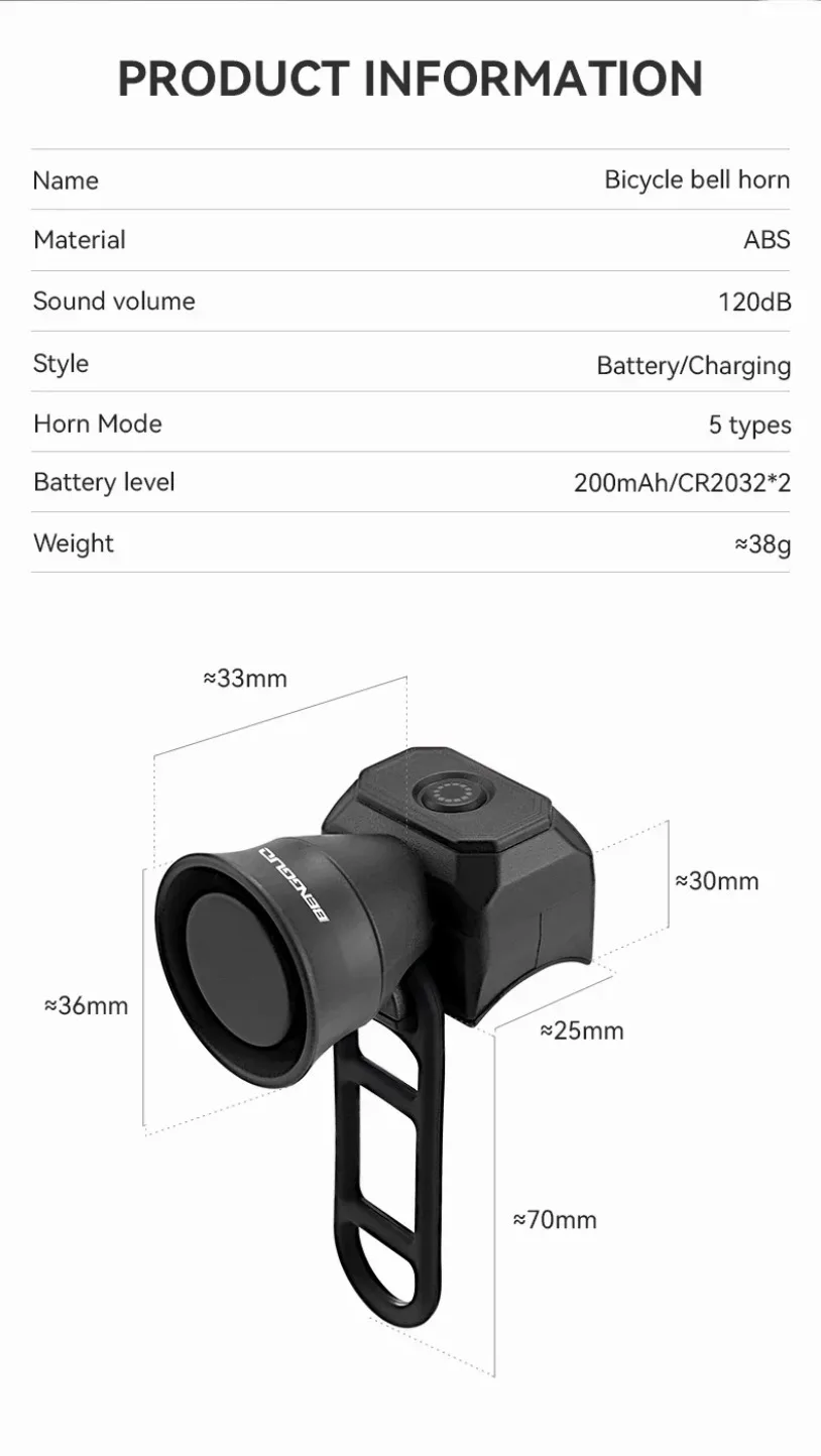 5-Modus Fahrrad Elektrische Glocke Horn Radfahren USB Lade Motorrad Ring Diebstahl Wasserdicht Alarm Mountain Road Fahrrad Zubehör – Detail 2