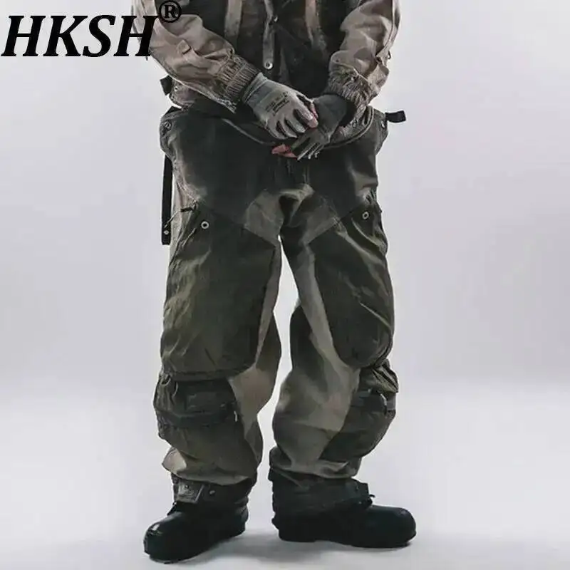 

HKSH Spring Summer New Man's Washed Vintage Three-Dimensional Patchwork Drawstring Pockets Techwear Punk Dark Cargo Pants HK8007