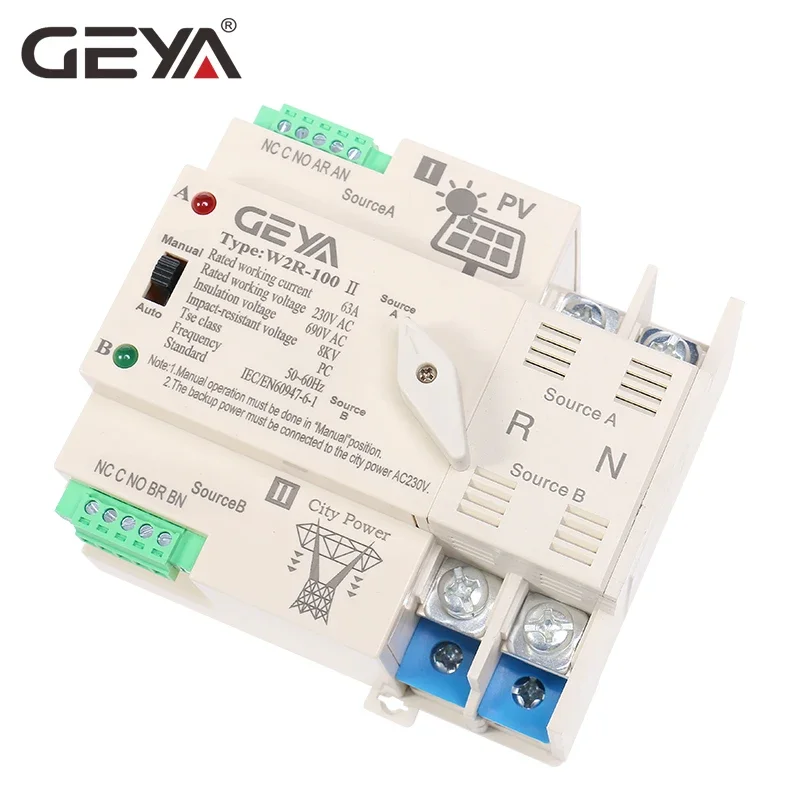 GEYA On-Grid Solar Power Interruptor de Transferência Automática, Trilho Din, 2P, 3P, 4P, 63A, 100A, AC 110V, 220V, ATS, Sistema PV, poder para Cidade Poder