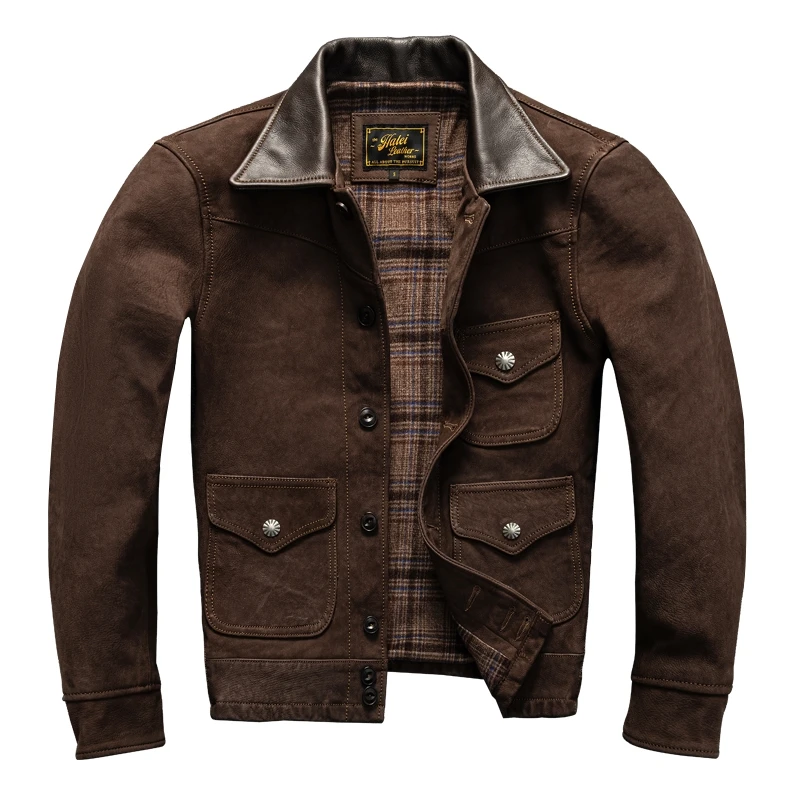 Dark Brown Autumn Leather Jacket Men Retro Casual Style Plus Size 4XL Natural Sheepskin Slim Fit Short Genuine Leather Coat