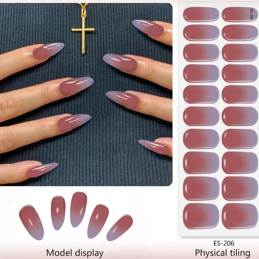 20Tips Gradient Semi-Cured Gel Nail Wraps Simple Color Adhesive Waterproof Long Lasting Gel Nail Stickers Harden In UV Lamp Need