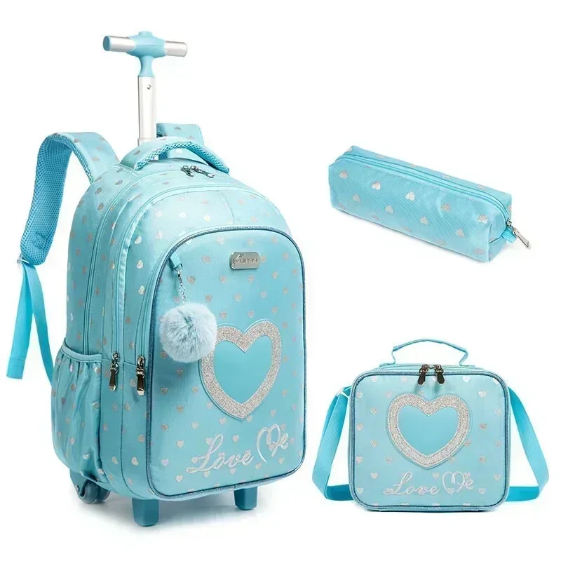 Set di borse zaino con ruote per bambini con scatola per il pranzo Borsa per zaino con ruote per la scuola con ruote Borsa per zaino trolley per ragazze