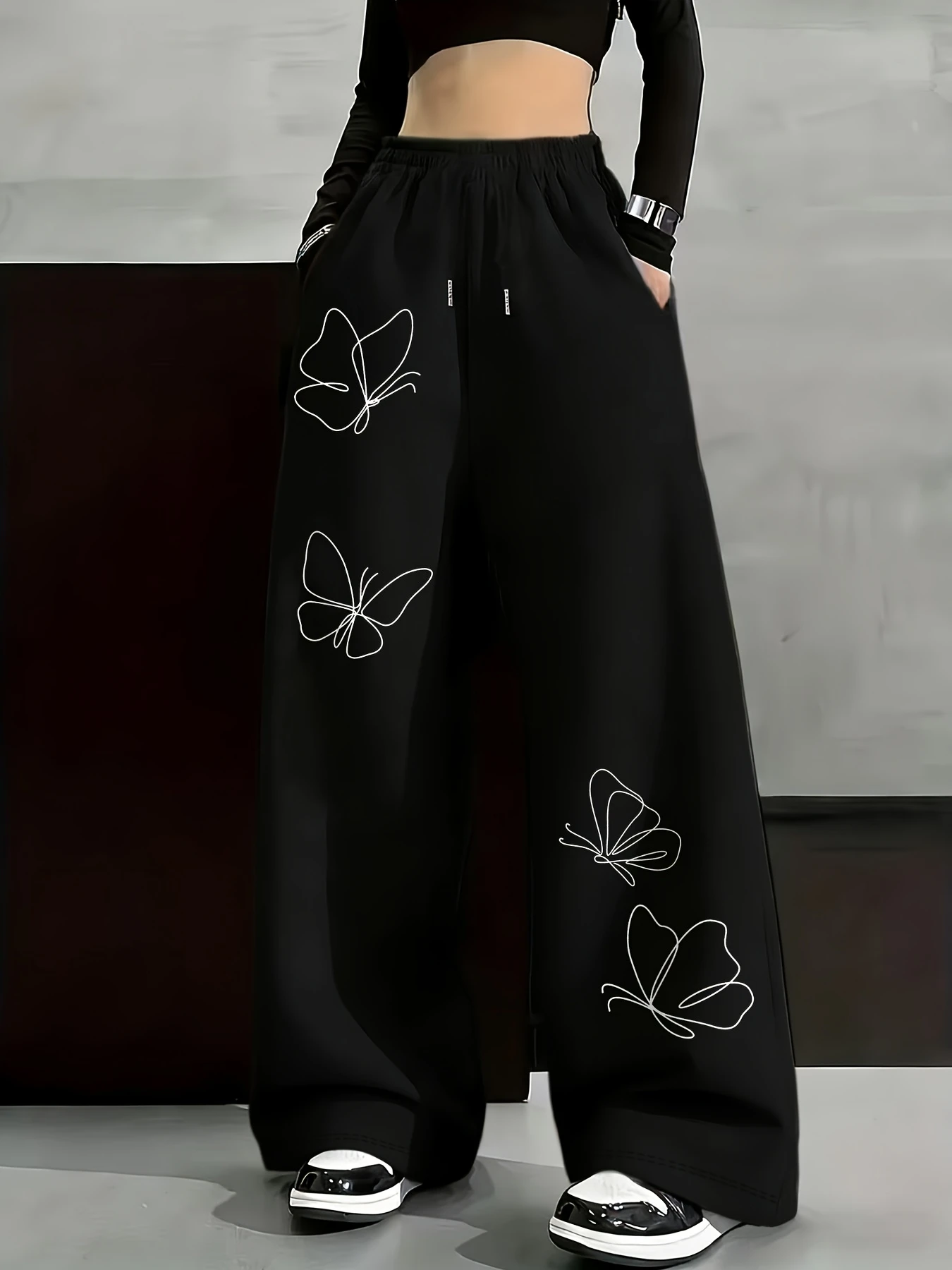 Y2K High Street Streetwear Cool Printed Pattern Wide-Leg Sweatpants for Women Casual Long Pants with Side Pockets and Drawstring