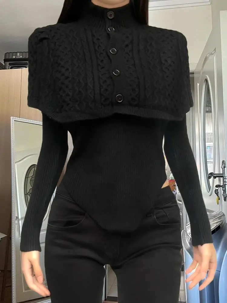 

Deeptown Black Turtleneck Women Shawl Sweaters White Two Piece Set Korean Fashion Knit Pullover Slim Old Money Casual Winter