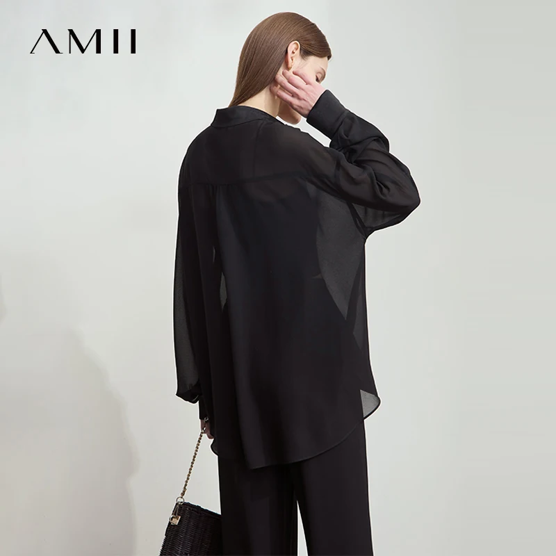 Amii minimalistische chiffon shirts voor dames losse effen V-hals verlaagde schouder lange mouwen dunne doorzichtige losse blouse 12512024