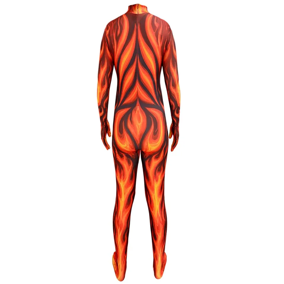 Body de cuerpo entero con estampado realista de llamas de fuego, unisex para adulto, disfraz de demonio para Halloween 2