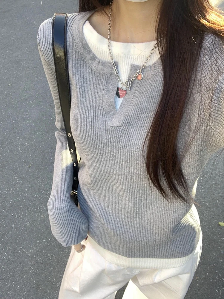 

Solid False Two Long Sleeve T-shirt Women Slim Fit Long Sleeve Tops 2025 Autumn Fashion Casual T-shirt