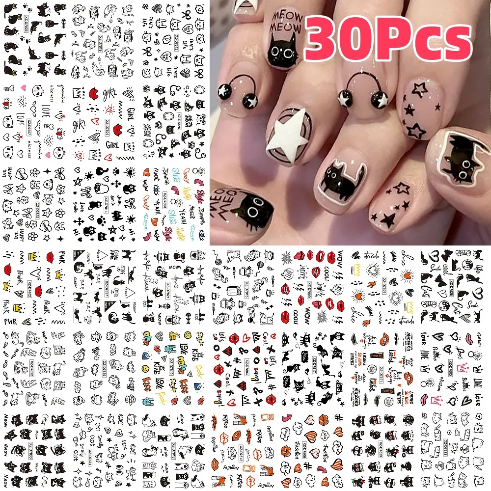 30 teile/satz 3D Cartoon Katze Brief Lippen Nagel Aufkleber Schöne Graffiti Tiere Liebe Bogen Nagel Aufkleber DIY Maniküre Dekoration Sliders