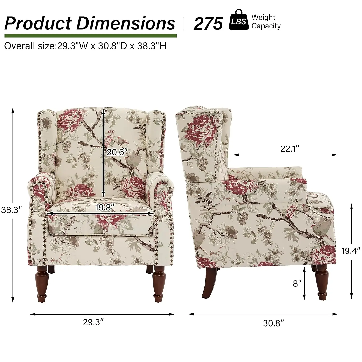 Floral Wingback Accent Chair, Wood Legs, High Back Armchair, Solid Wood Frame, Living Room Bedroom, Customized