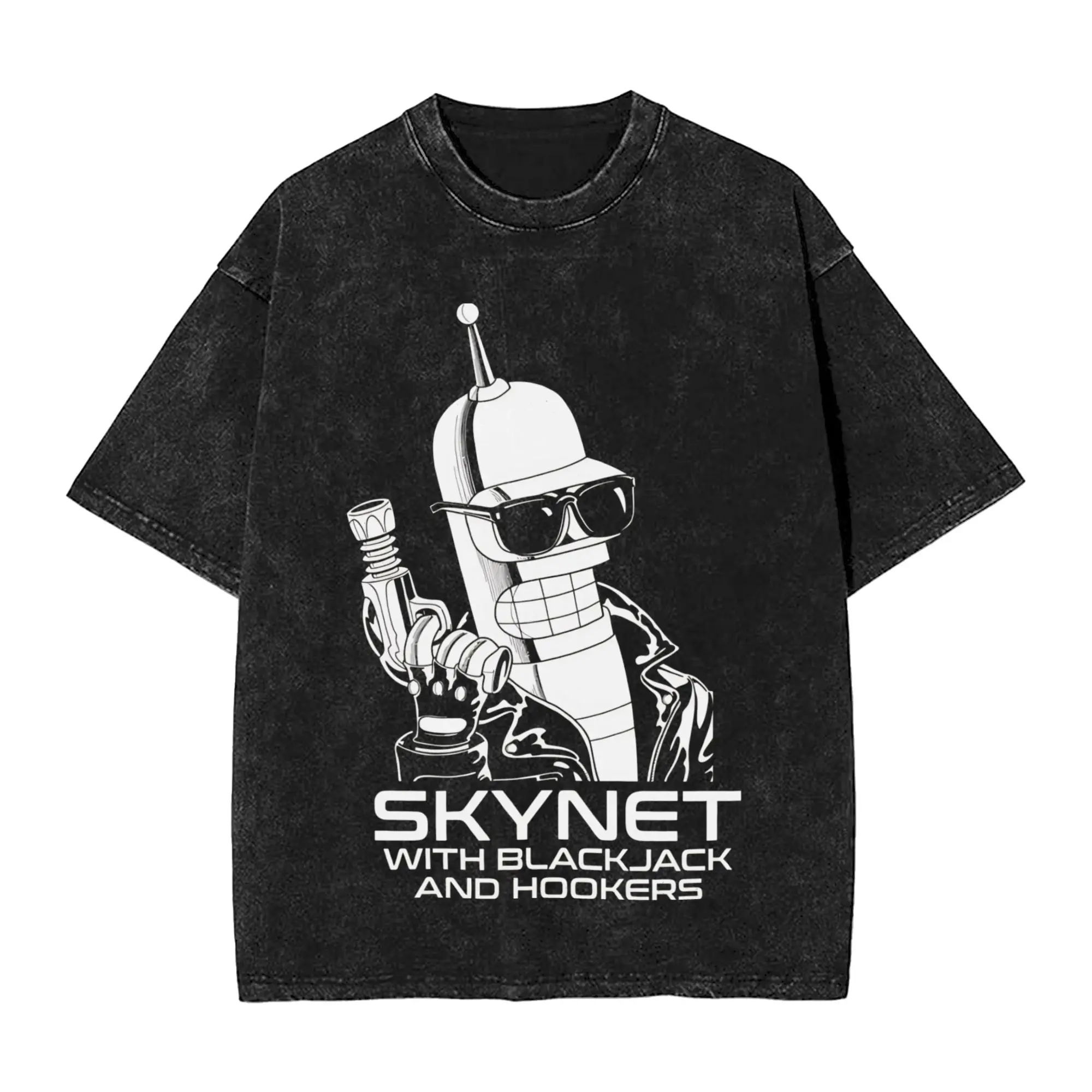 Summer Skynet With Hookers and Blackjack Futuramas Benders Washed Shirt Outfit Harajuku T-Shirt  Men Women Tee