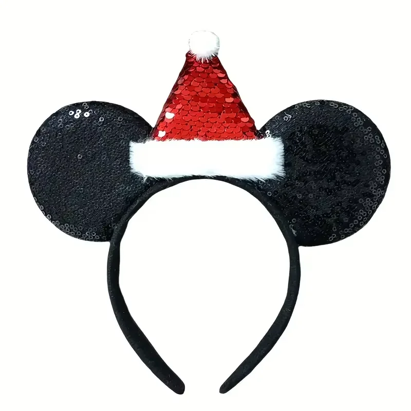 Weihnachtliches Mickey-Mouse-Ohren-Haarband für Damen – mit Schleifenband und Weihnachtsmann-Mütze – Detail 6