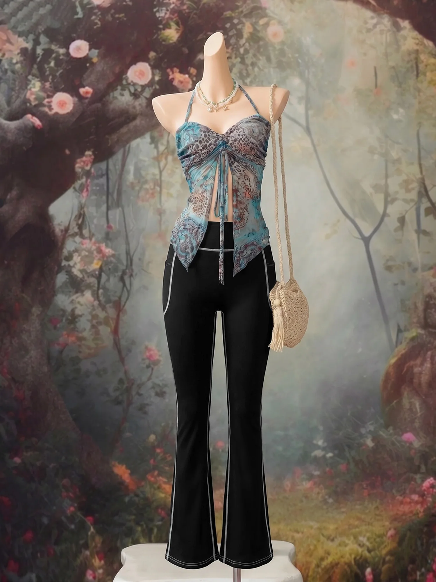 High Waist Slim Flare Daily Pants Contrast White Stitch Side Large Pocket Stretch Bootcut Commute Street Trousers