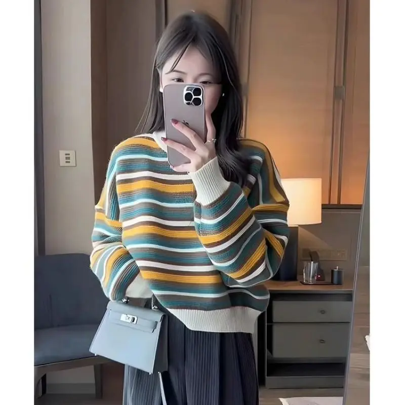 Spring and Autumn Outfits Women\'s Tea Knitted Stripe Pullover Sweater Korean Fashion Straight Tube Trouser Two Piece Set