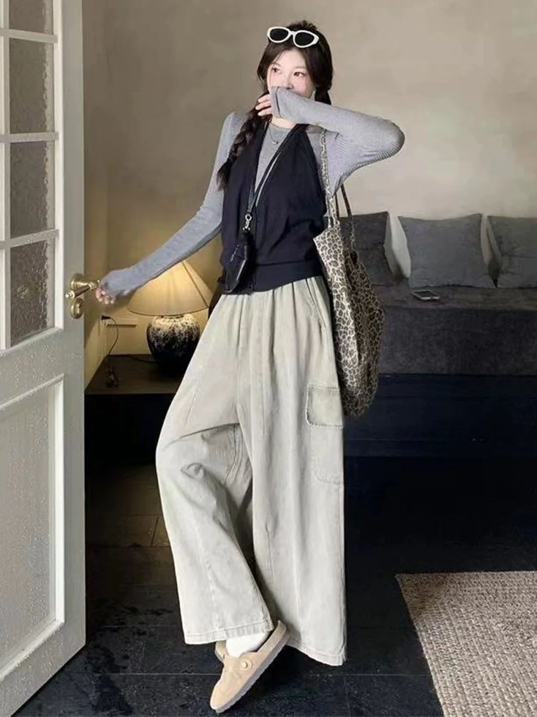 

Spring Faion plus Size Tee-Piece Set with Long Sve Top Vest Wide Leg Pants Vintage High Waist Casual Sle Women's Ens...