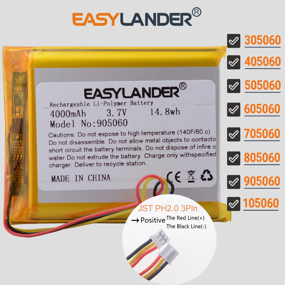 PH2.0 3Pin 905060 3.7V 3500mAh Rechargeable li-Polymer Li-ion Battery 305060 405060 505060 705060 805060 605060 105060 125060