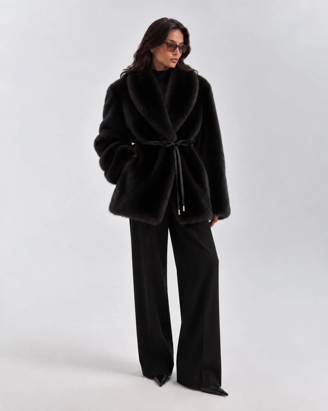Laur 2026 Women Black Faux Fur Coat, Shawl Lapel Collar With Tie Belt, Winter Warm Elegant Loose Outerwear for Ladies
