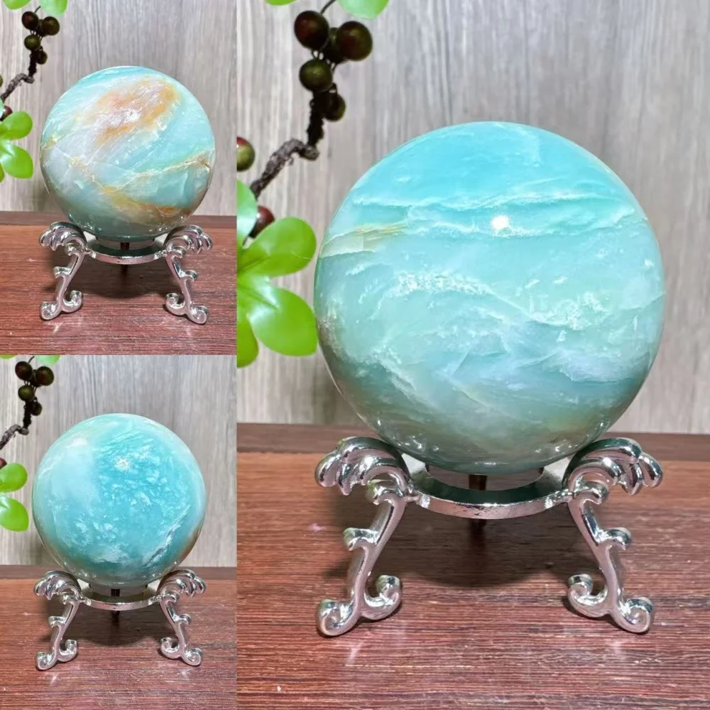 1PC Unique Natural Blue Carribean Calcite Spheres Sky Blue Stone Healing Crystal Reiki Energy Home Scene Decorations Gifts+Stand - view 6