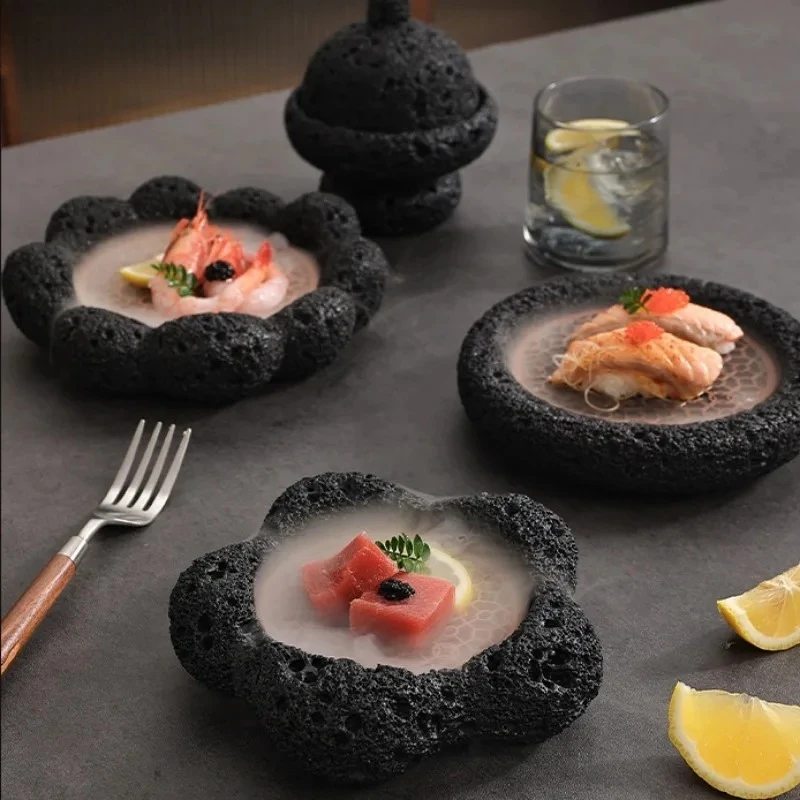 Black Cement Tableware Dinner Plate with Lid Sashimi Disc Dry Ice Tray Sushi Plate Dessert Plates Dim Sum Dish Steak Plates Bowl