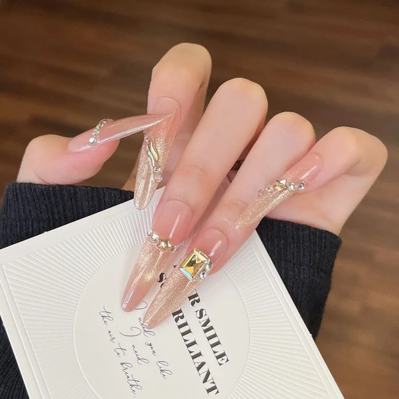 

10 Pcs Extra-long Nail Tips Rhinestone Decorations for Press on Nails Cat's Eye Stick-on Nails False Nails with Box and Tools