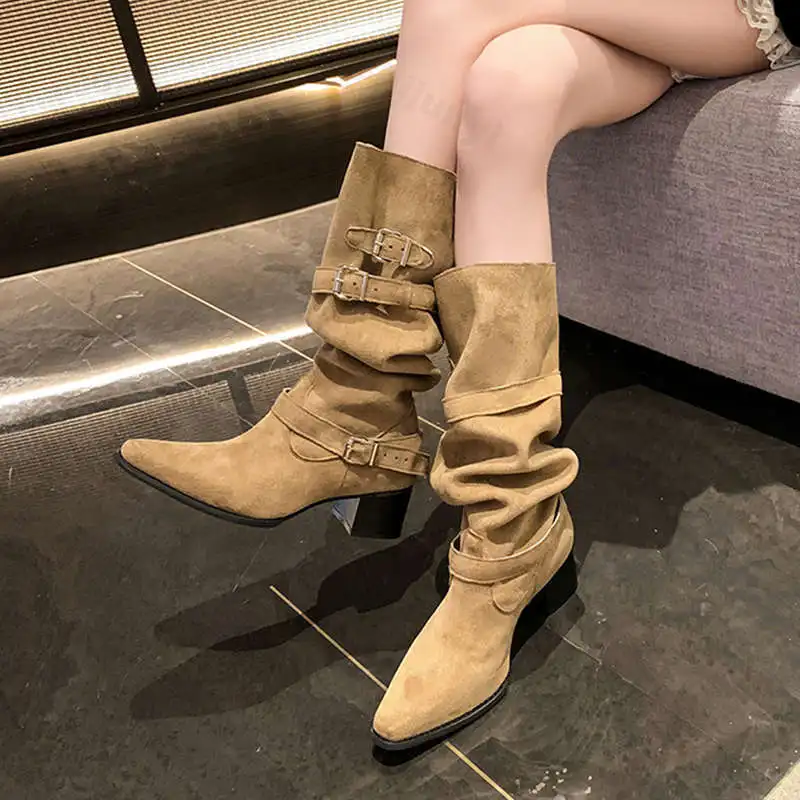

Women's Chunky Heel High Heels Autumn New Vintage Outdoor Non Slip Cowboy Boots Fashion Buckle Strap Pointed Toe Mid-calf Boots