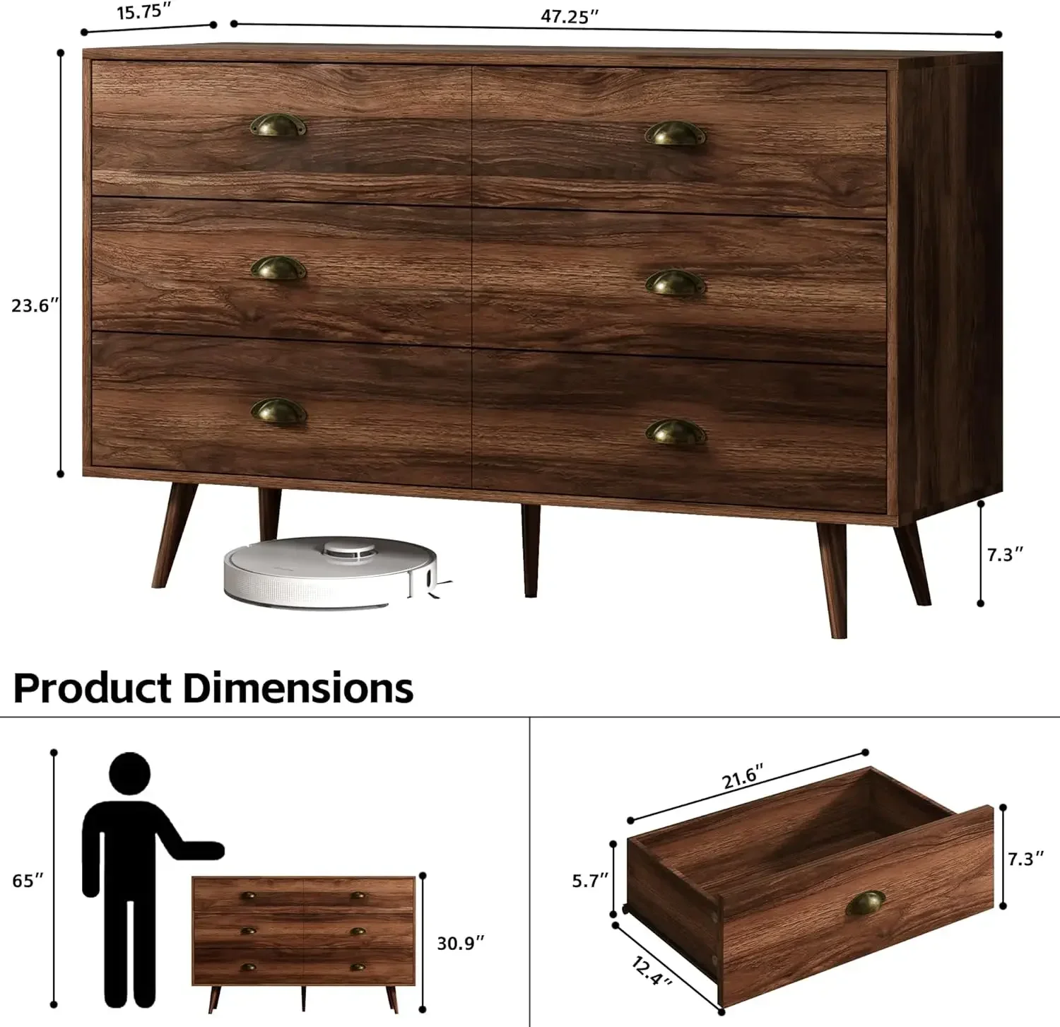 Dresser for Bedroom with 6 Drawers, Mid Century Modern Dresser with Gold Handles, Wooden Dressers & Chest of Drawers Organizer